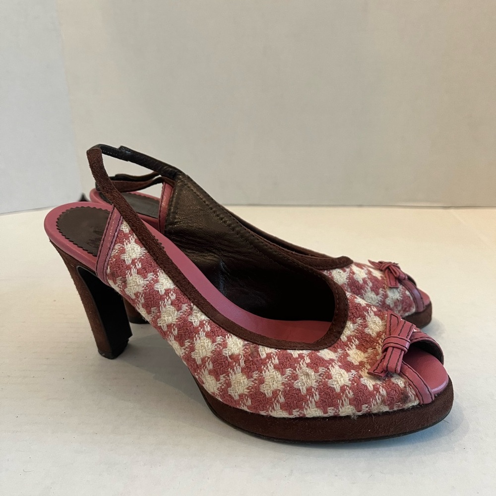Rafe New York Womens Pink Leather Houndstooth Peep Toe Slingbacks Shoes Size 6